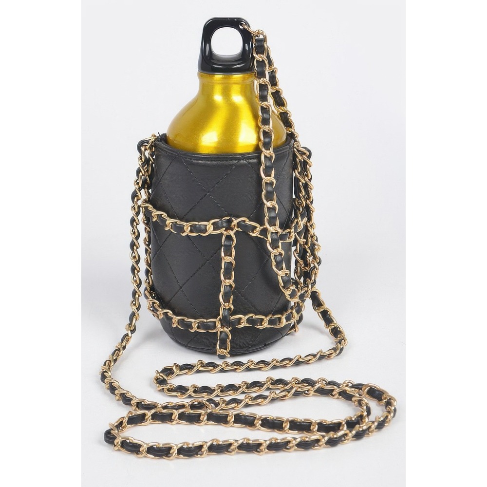 Unbranded Water Bottle Bag Women OS Black Gold New Quilted Chain Crossbody